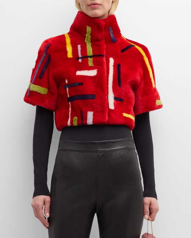 Abstract Short-Sleeve Lamb Shearling Crop Bolero